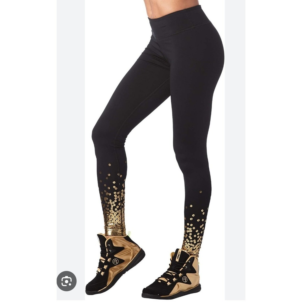 Zumba Wear Spicy Hustler Perfect Ankle Leggings Women's Size S Small Black Gold